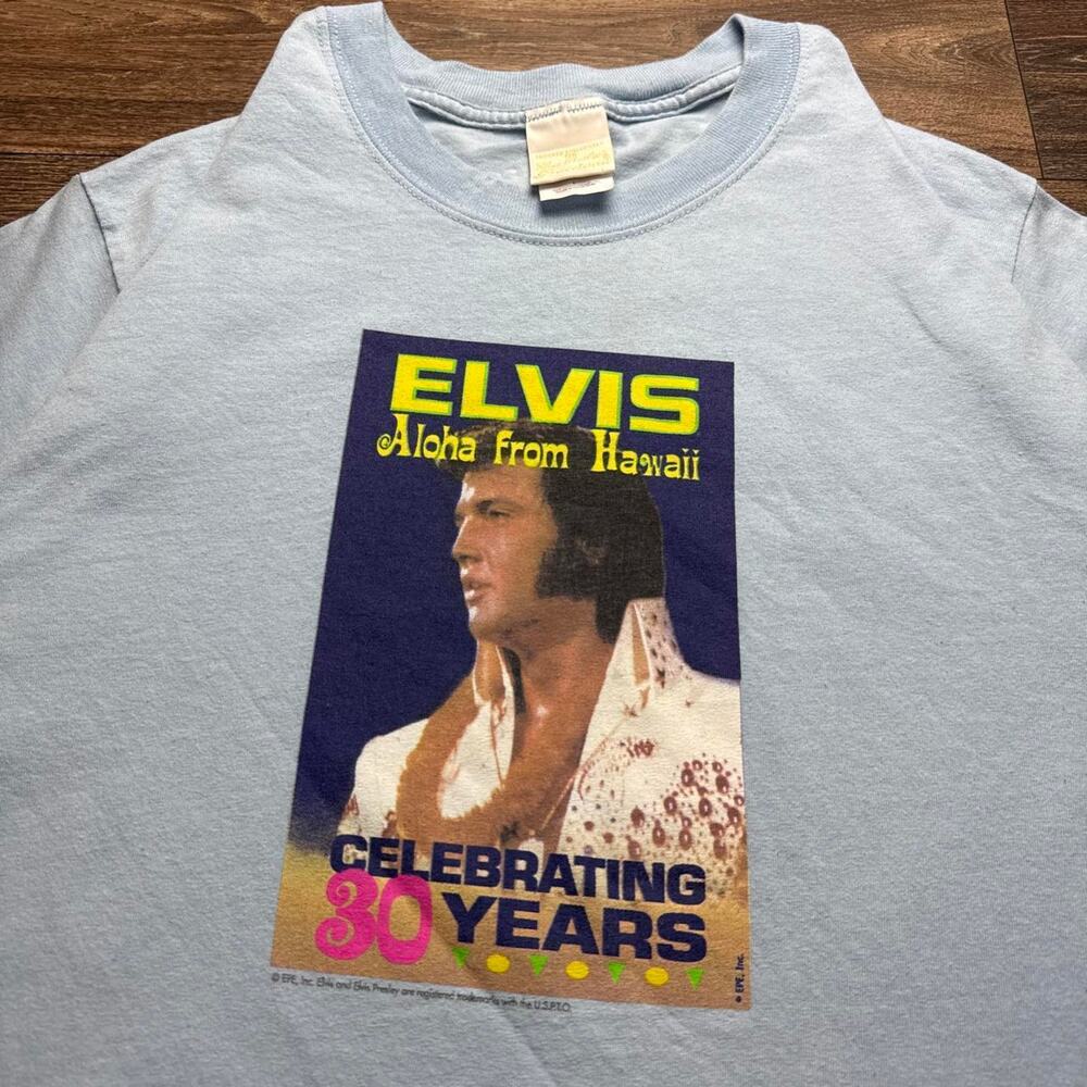 Vintage Light Blue Y2K Elvis Presley Aloha From Hawaii Tee; 30th Anniversary - Picture 2 of 8